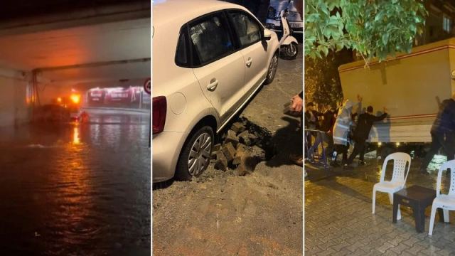 İstanbul'da alt geçidi su bastı, yol çöktü