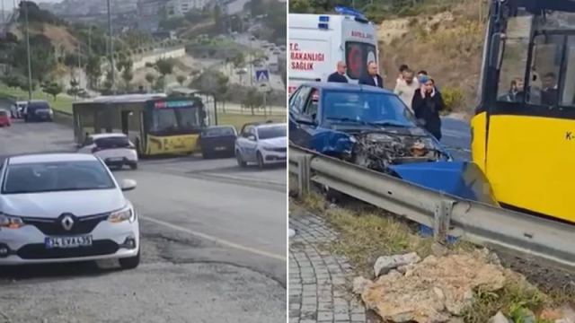 Başakşehir'de İETT otobüsüyle çarpışan otomobil bariyerlere savruldu