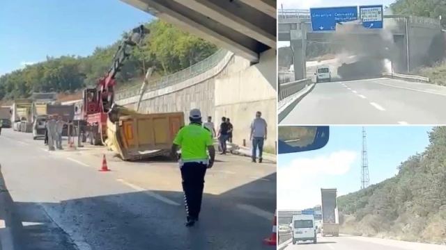 Çekmeköy'de hafriyat kamyonu üst geçide çarptı