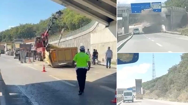 Çekmeköy'de hafriyat kamyonu üst geçide çarptı