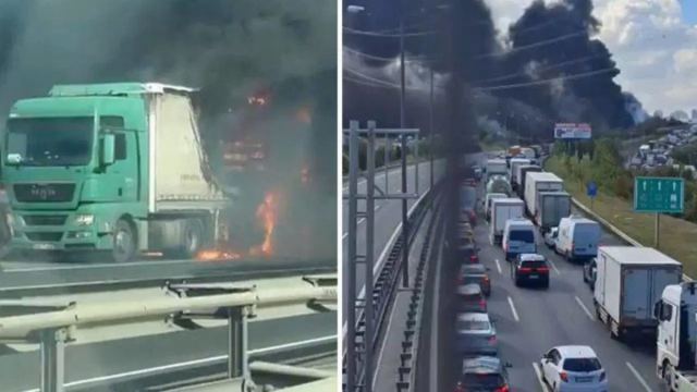 Bahçeşehir TEM Otoyolu'nda TIR yangını, Edirne istikameti kapandı