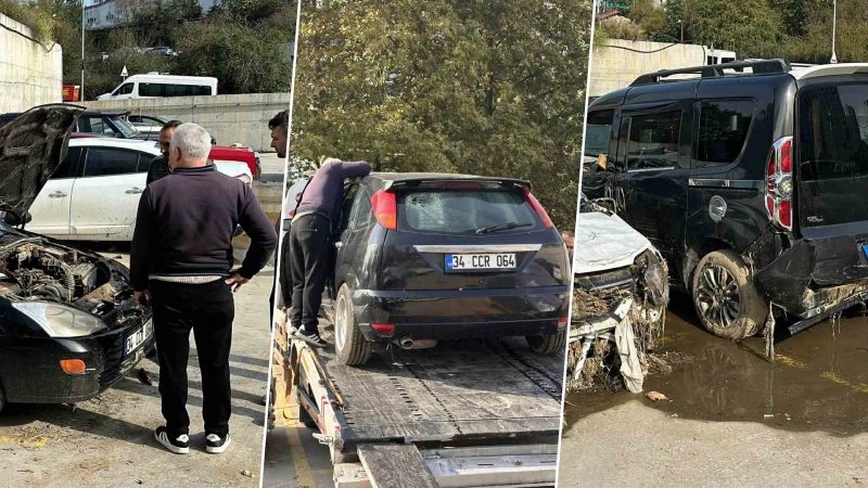 Ayazağa'da sel felaketi sonrası hasarlı araçlar sanayiye taşınıyor
